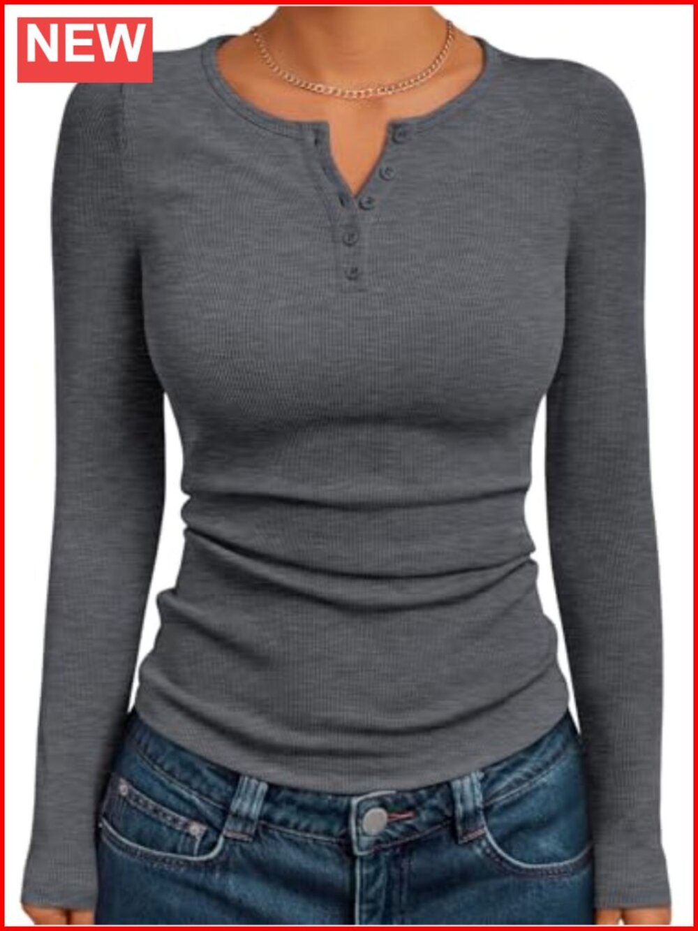 Long Sleeve Henley Shirt Ribbed Knit Fitted Top for Women Fall Winter